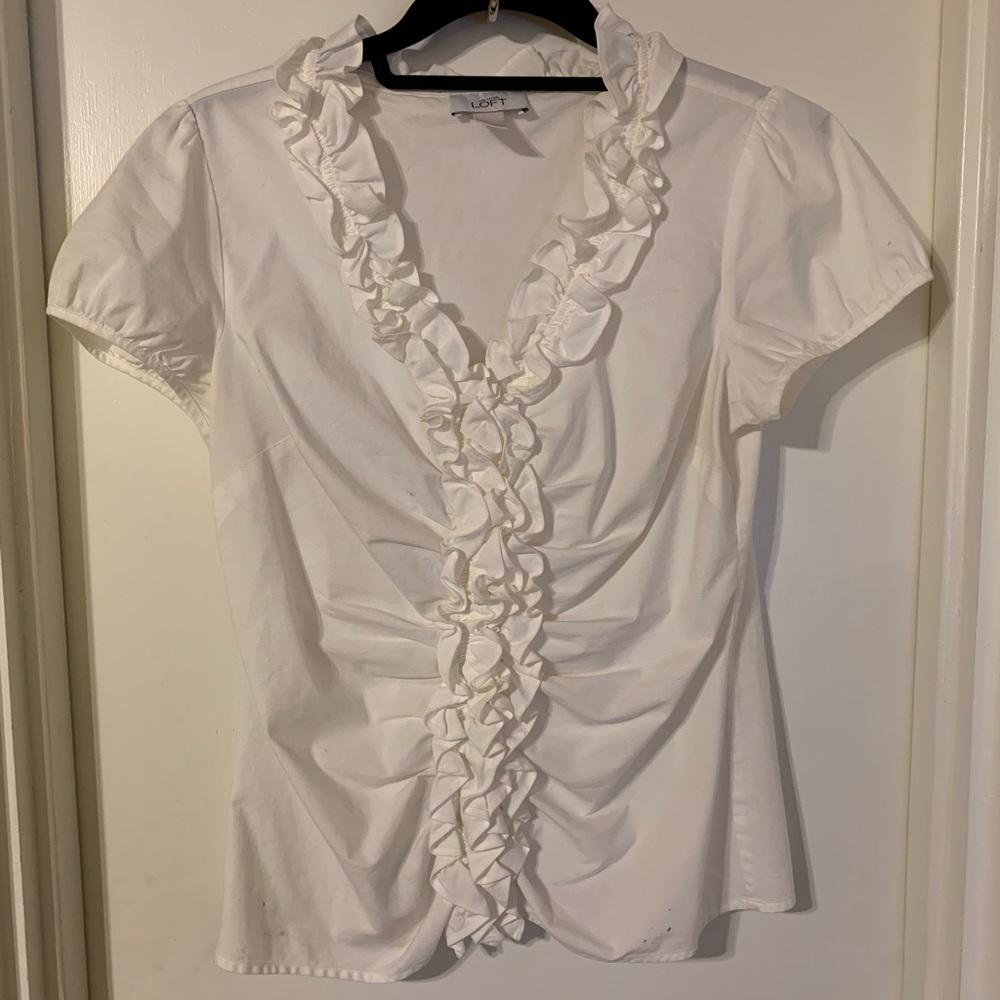 Ann Taylor LOFT cap sleeve white ruffled blouse